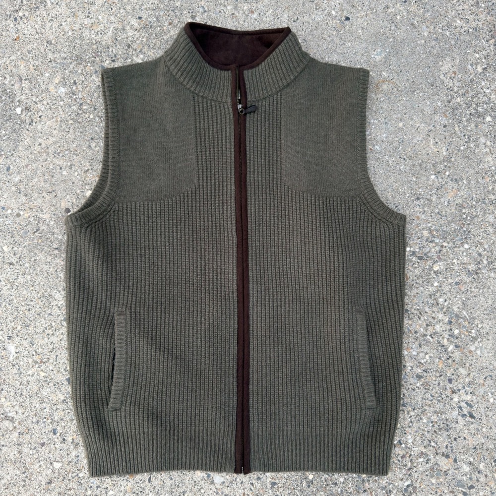 LL Bean Merino Lambswool Full Zip Sweater Vest Mens Large Green Vintage Ribbed
